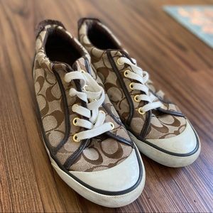 Size 8- Brown, Tan, White, and Gold Coach sneakers